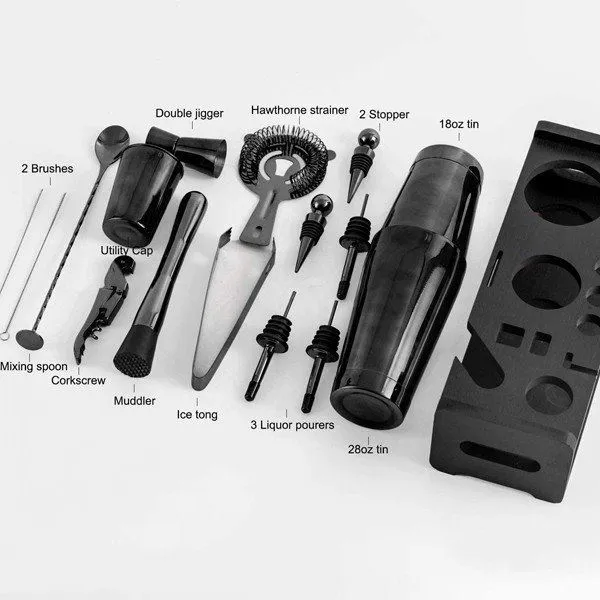 اسٹینڈ کے ساتھ بلیک کاک ٹیل شیکر سیٹ